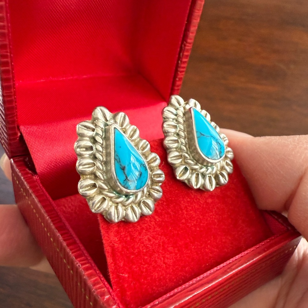 Solid Sterling Silver Turquoise Stud Earrings - image 2